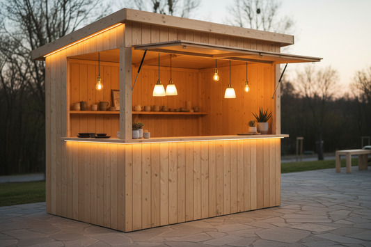 simple wooden kiosk with lights